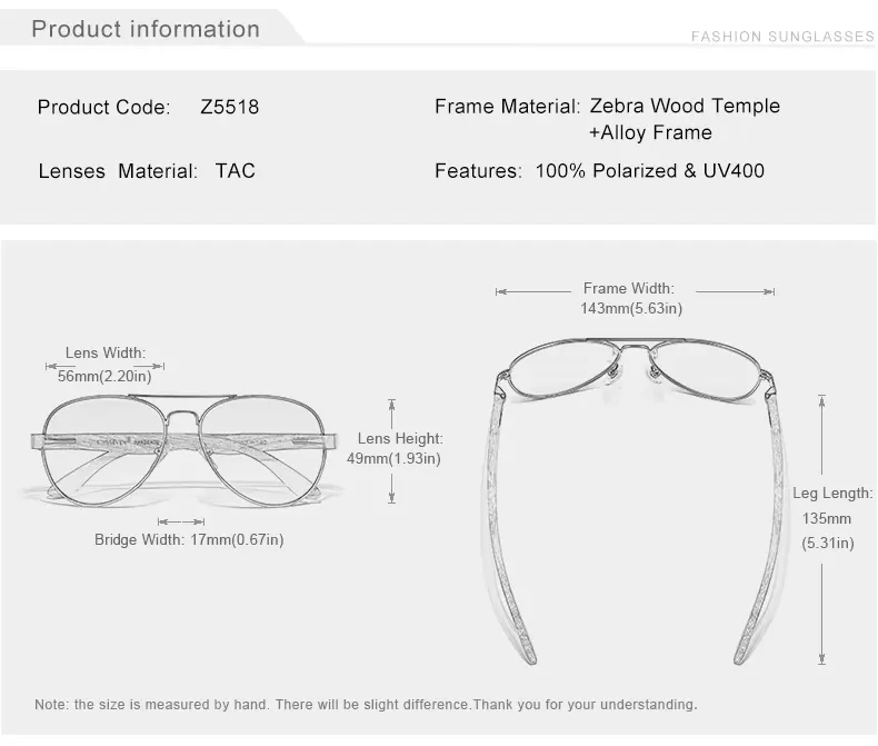 Óculos de Sol KINGSEVEN® Feito à Mão de Madeira Z5518 Medida